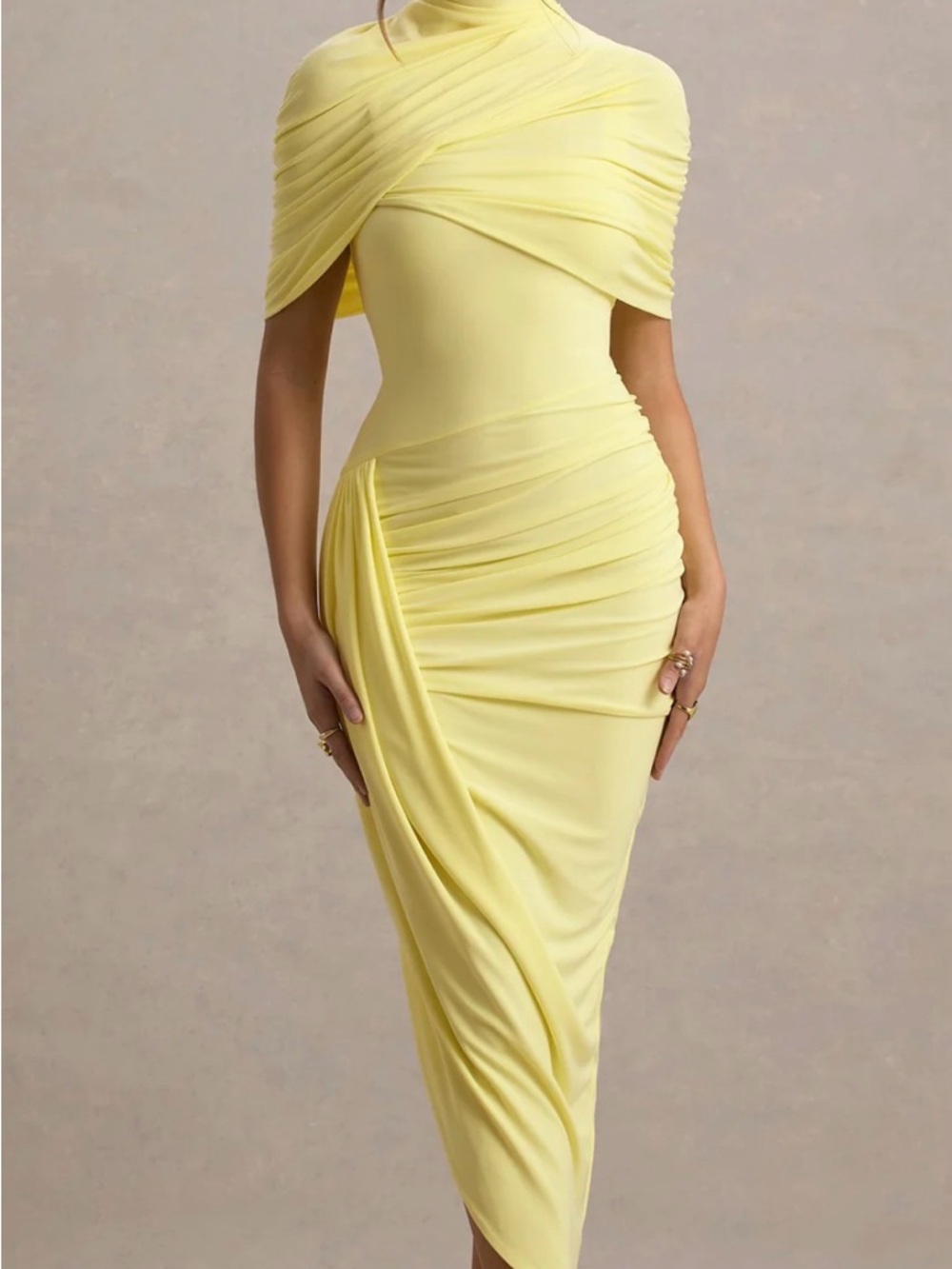NWOT Club London ENCHANT
Lemon Asymmetric Twisted Cape Midi Dress